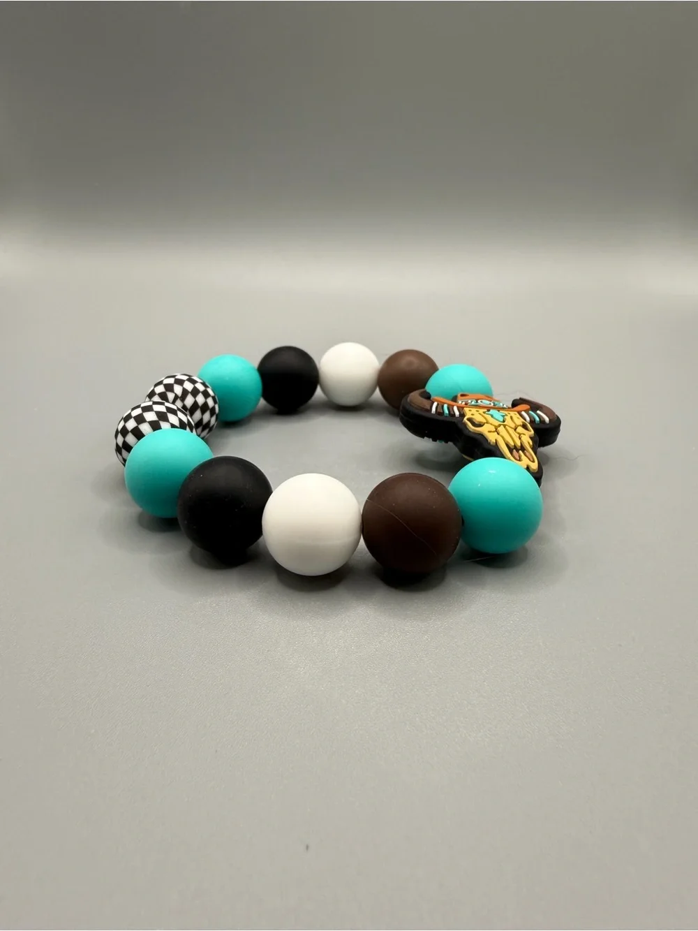 Turquoise, Black & White Beaded Silicone Key Bracelet - Handmade #K0323C